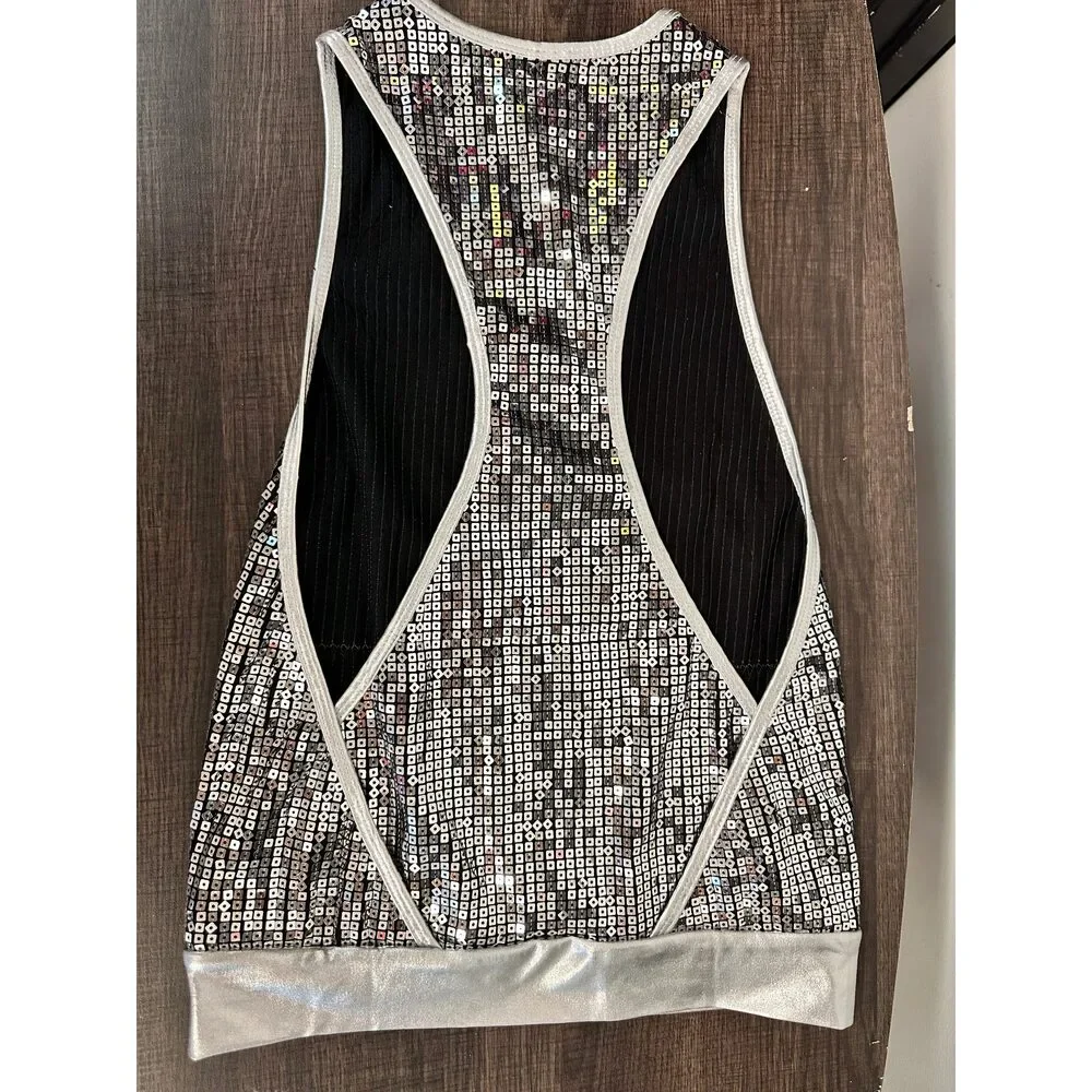 Pre-Owned Dance Costume Top Medium Child Silver Gia-Mia Jazz Tap Clogging Sequin